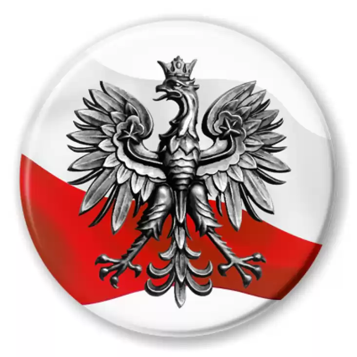 przypinka Orzeł Polski na tle flagi państwowej