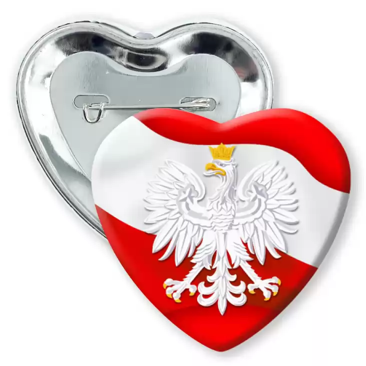 przypinka serce Polska serce orzeł w koronie na czerwonym polu z białą falą