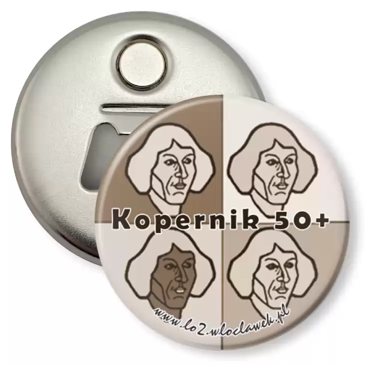 przypinka otwieracz-magnes Kopernik 50+