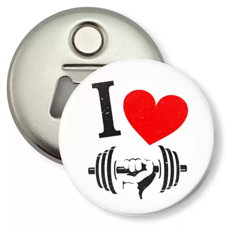 przypinka otwieracz-magnes I love gym