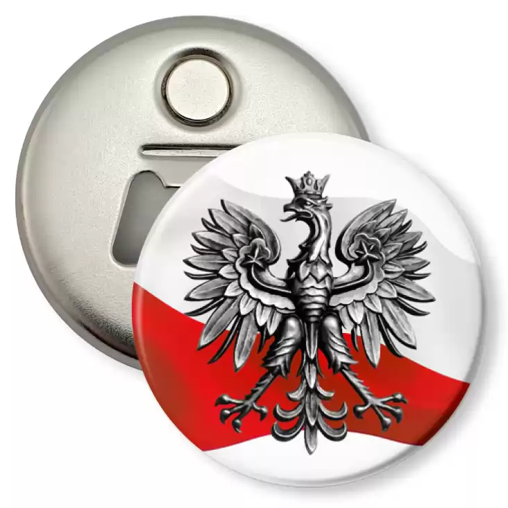 przypinka otwieracz-magnes Orzeł Polski na tle flagi państwowej