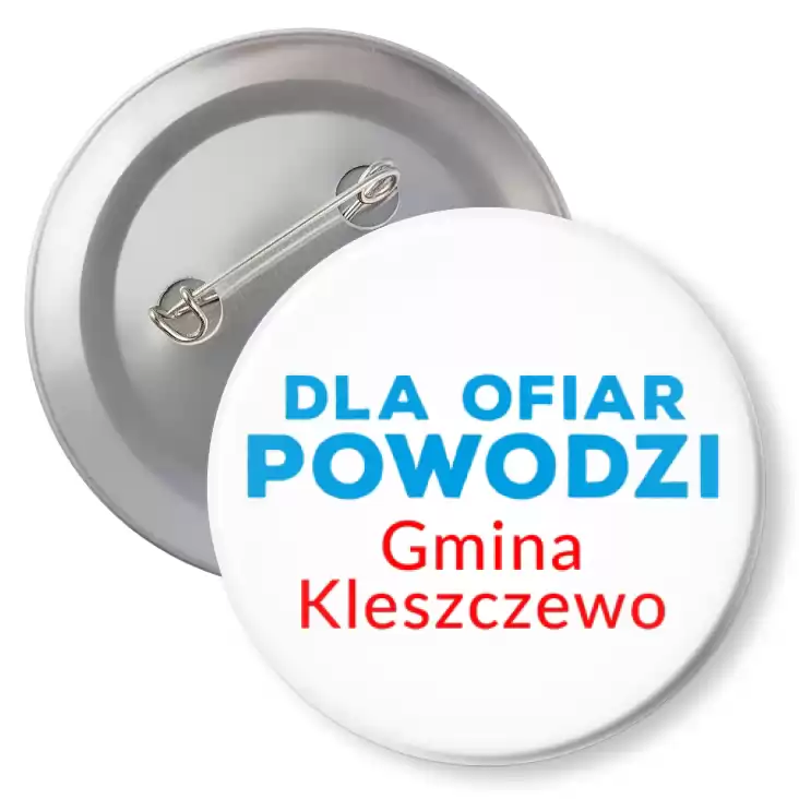 przypinka z agrafką Dla ofiar powodzi gmina Kleszczewo