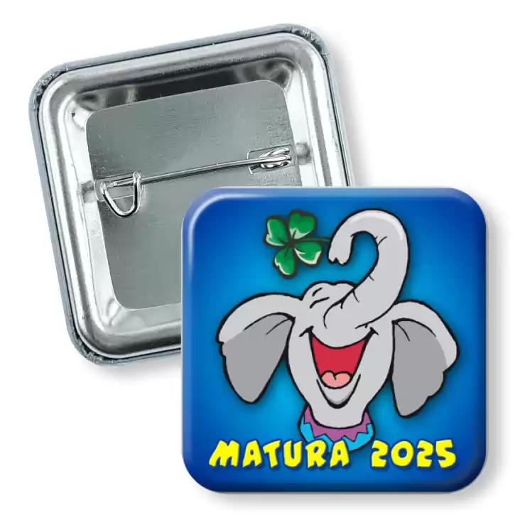przypinka kwadrat Matura uśmiechnięty słoń z koniczynką