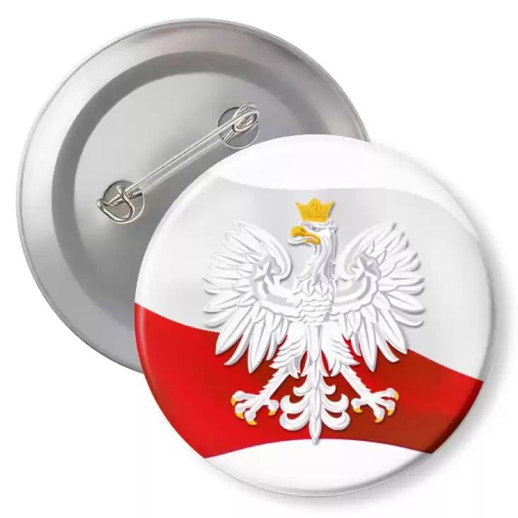 przypinka agrafka Orzeł w koronie na tle powiewającej flagi Polski