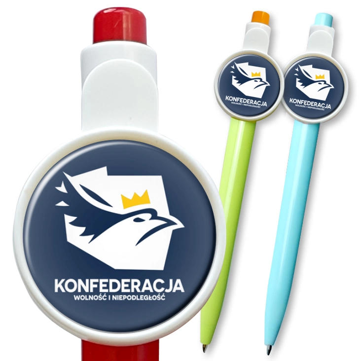 przypinka długopis Konfederacja logo w inwersji