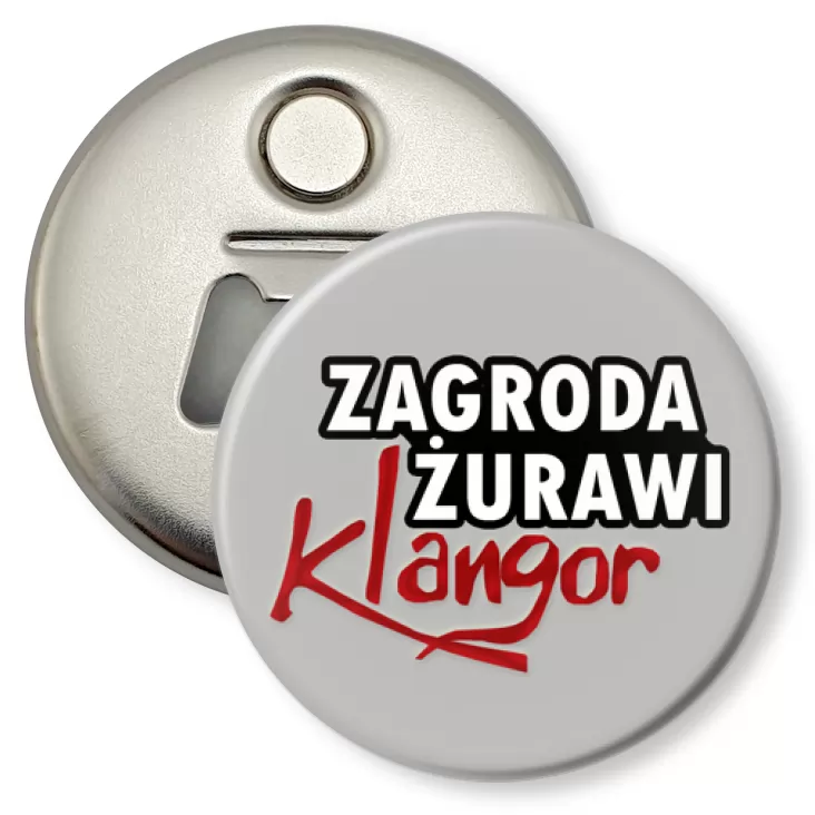 przypinka otwieracz-magnes Zagroda Żurawi Klangor na szarym tle