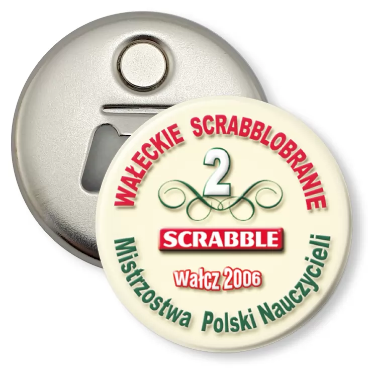 przypinka otwieracz-magnes Mistrzostwa Polski Nauczycieli - Scrabble 2006