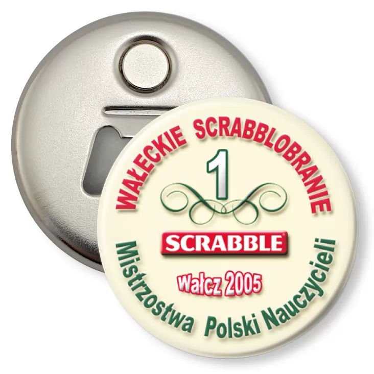 przypinka otwieracz-magnes Mistrzostwa Polski Nauczycieli - Scrabble 2005