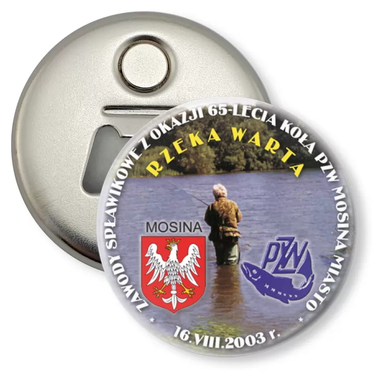 przypinka otwieracz-magnes Zawody Spławikowe z Okazji 65-lecia Koła PZW Mosina Miasto