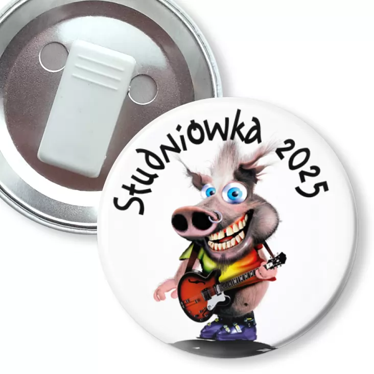 przypinka z żabką Studniówka ze świnką gitarzystą punk