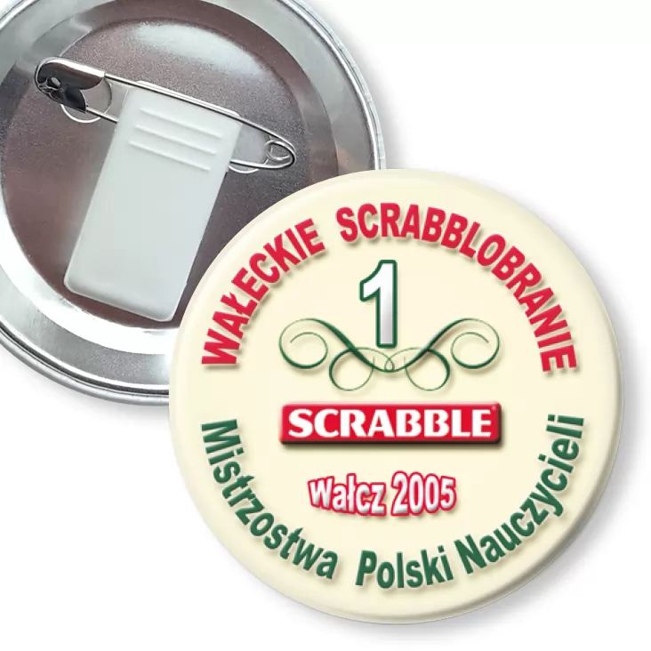 przypinka z żabką i agrafką Mistrzostwa Polski Nauczycieli - Scrabble 2005